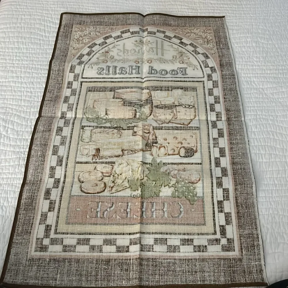 Vintage Harrods food Halls 1960s cheese tea towel Size 18 1/2” x 30”